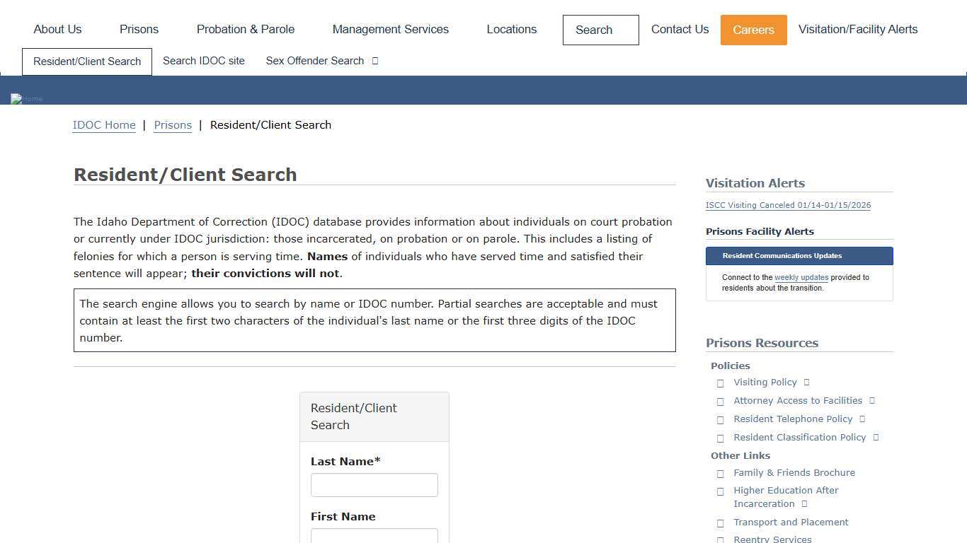 Resident/Client Search Idaho Department of Correction